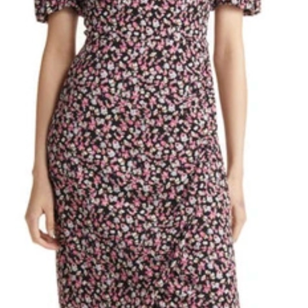 Charles Henry Floral Print Puff Sleeve Faux Wrap Midi Dress in Black Ditsy